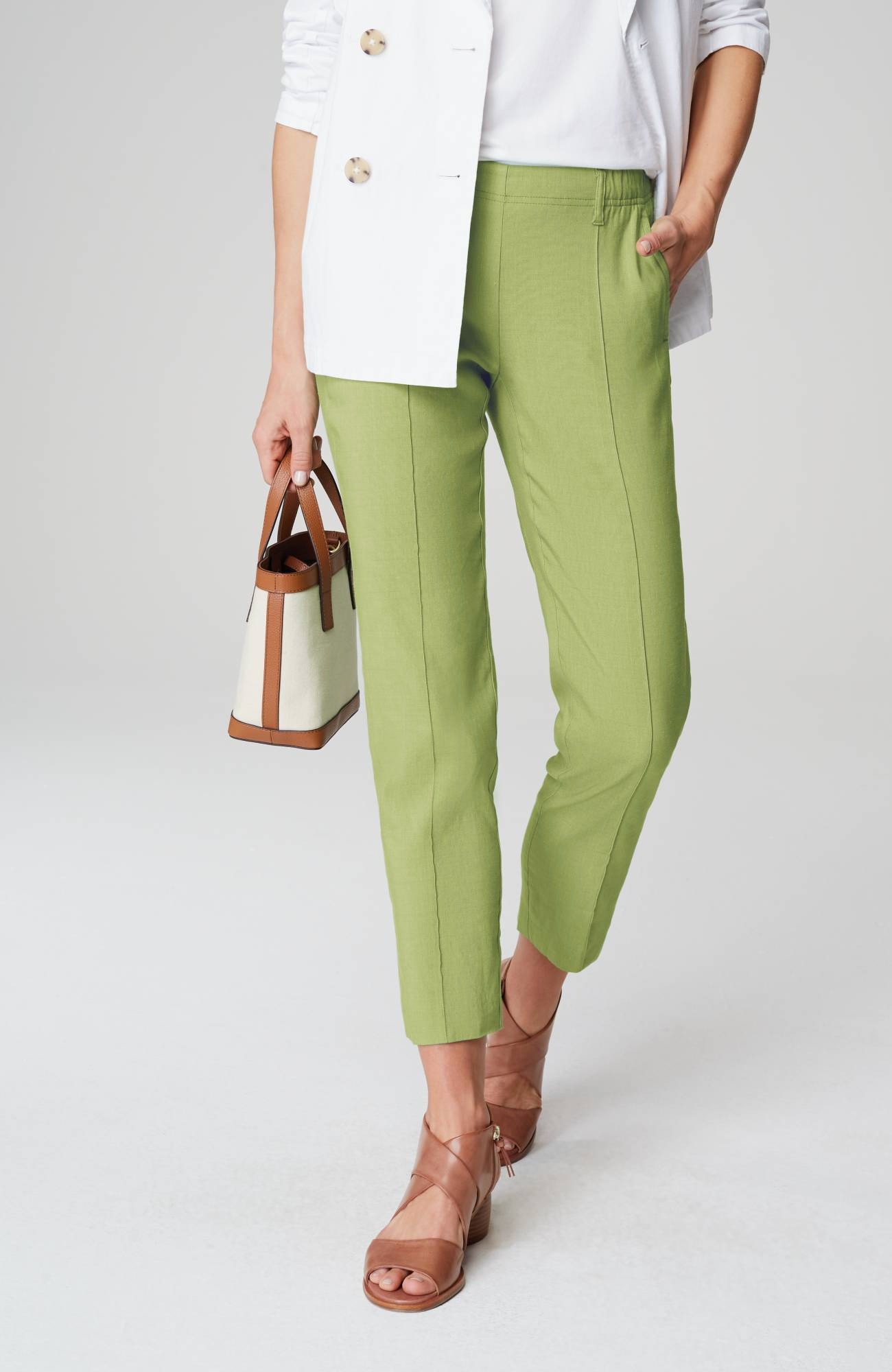 Pintucked Linen-Stretch Slim-Leg Pants