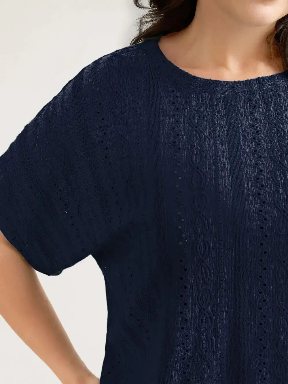 Eyelet Trim Stretchy Textured Plain Top