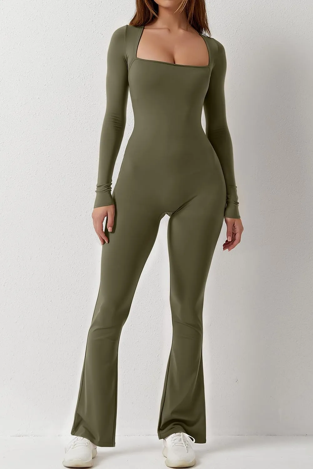 Long Sleeve Jumpsuits for Women Square Neck Wide Leg Full Length Romper Playsuit