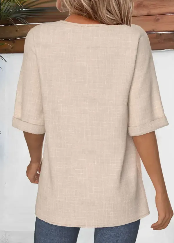 Light Camel Button Half Sleeve Round Neck Blouse