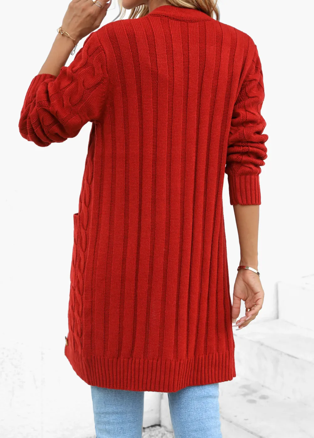 Red Pocket Long Sleeve V Neck Cardigan