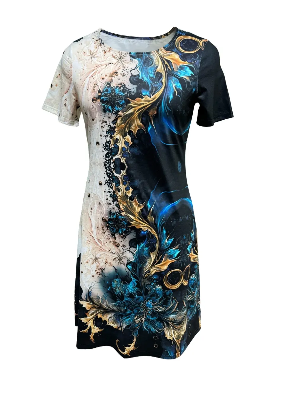 Graphic Print Colorblock Crew Neck Dress