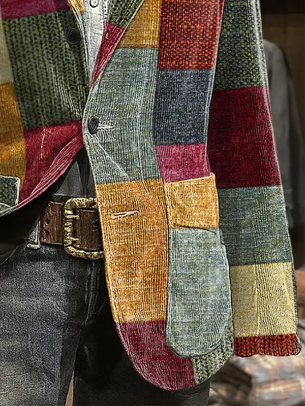 Men's Casual Retro Color Block Corduroy Jacket
