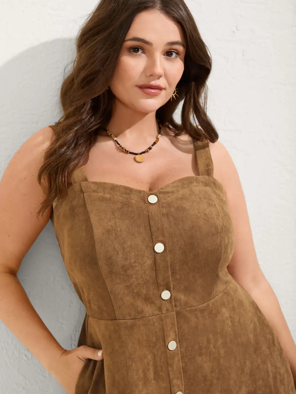 Suede Button Placket Sweetheart Midi Dress