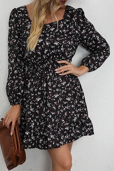 Elegant Floral Split Joint Square Collar Waist Skirt Dresses