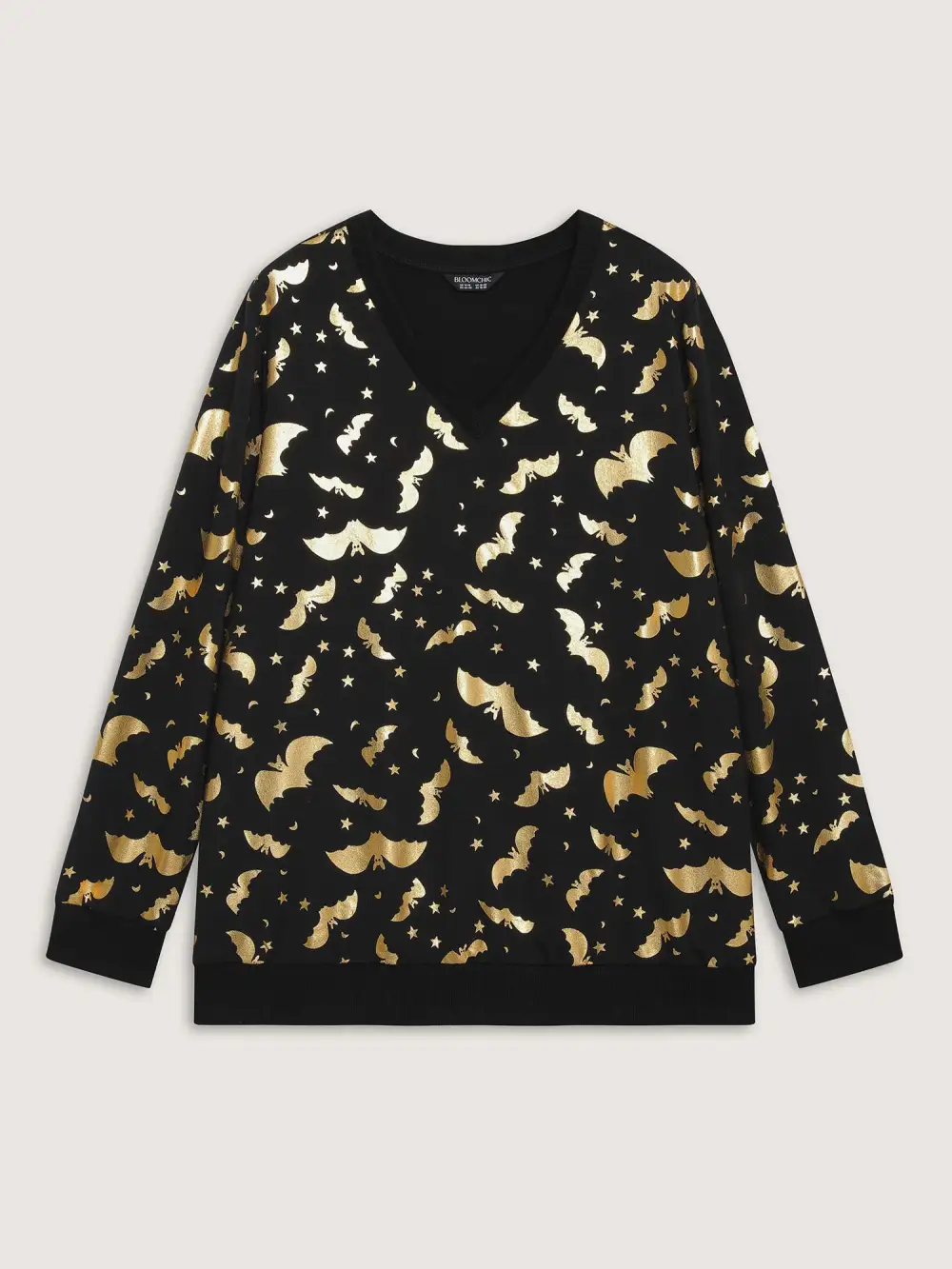 Gold Bat Print Stretchy V-Neck Sweatshirt
