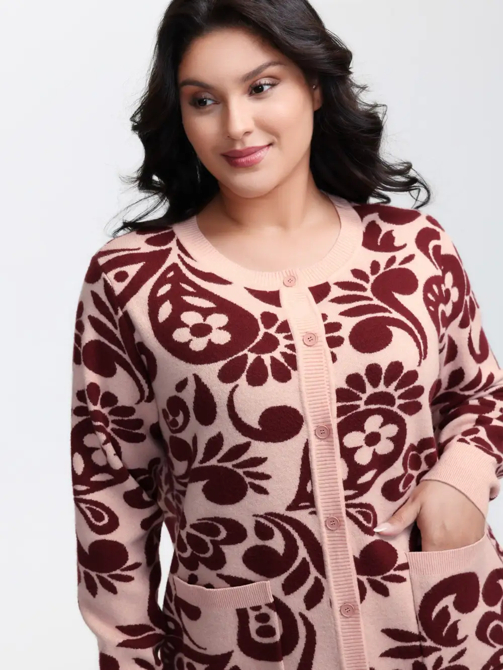 Jacquard Floral Print Button Knit Cardigan