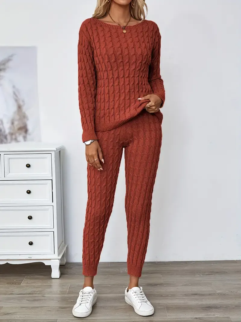 Solid Knitted Matching Two-piece Set, Casual Long Sleeve Sweater & Pants Outfits, Women's Clothing