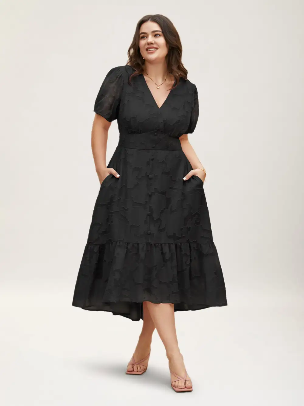 Solid Textured Lantern Sleeve Button Detail Dress
