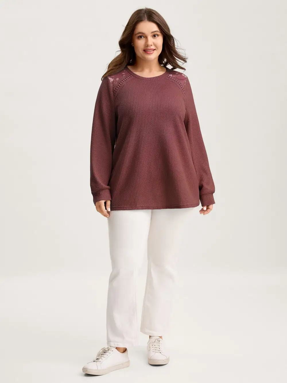 Waffle Spliced Floral Lace Sweatshirt