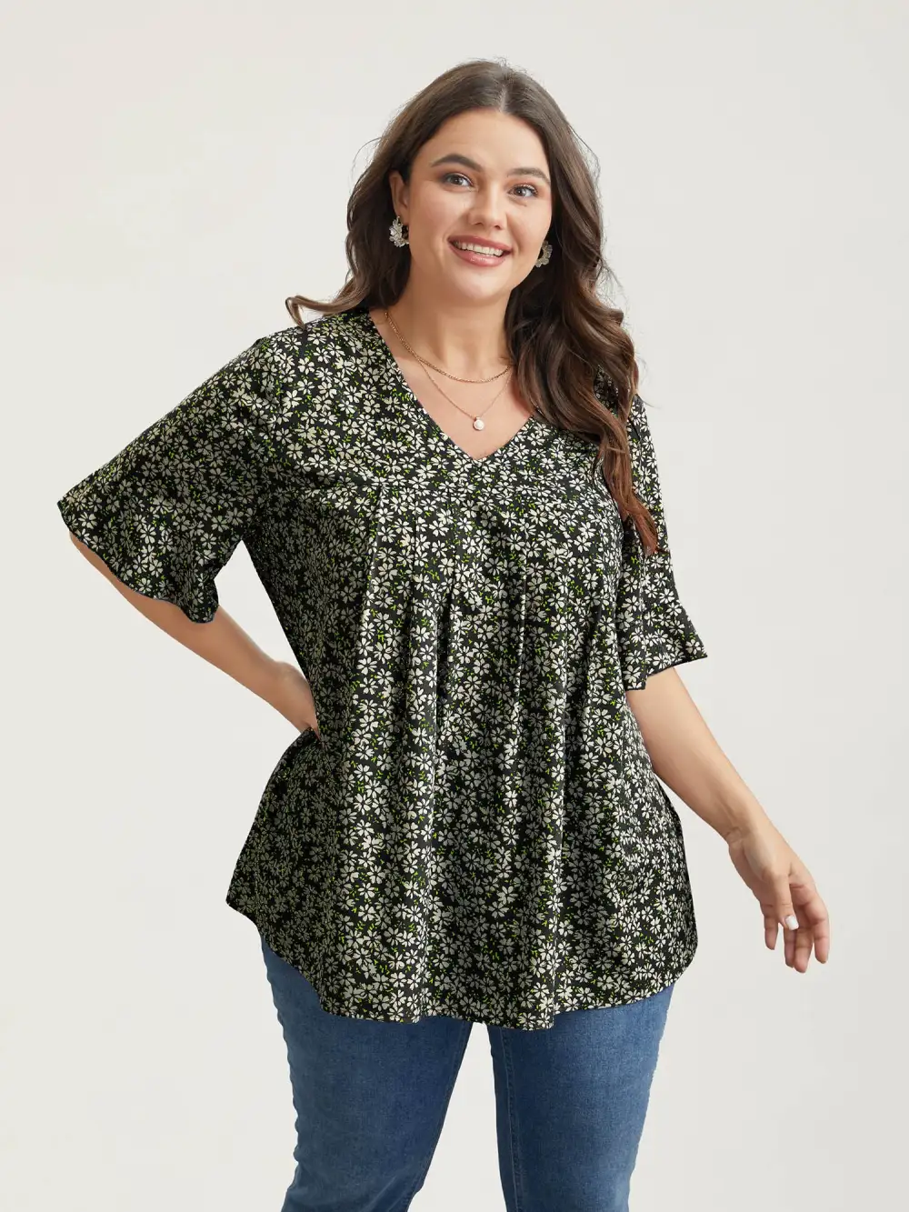 Ditsy Floral Pleated Flared Sleeve Shirt