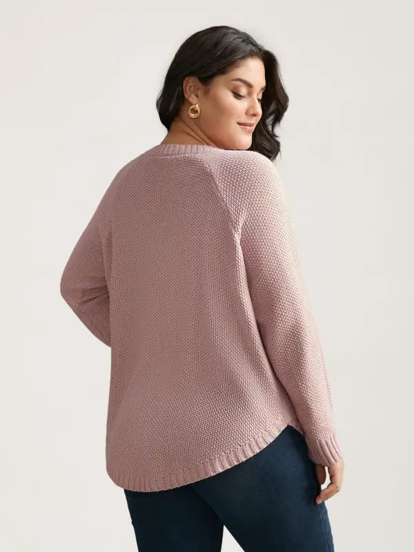 Plain Textured Button Detail Curved Hem Pullover