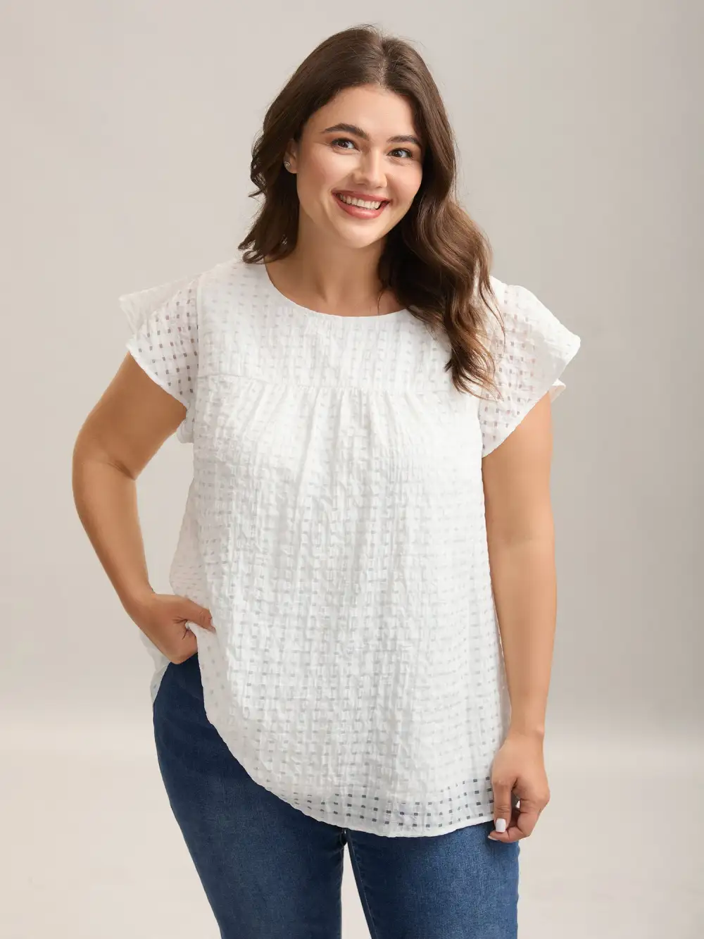 Textured Sheer Lined Flutter Sleeve Blouse