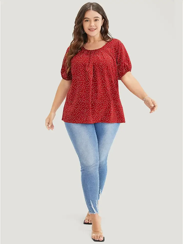 Polka Dot Pleated Round Neck Puff Sleeve Blouse