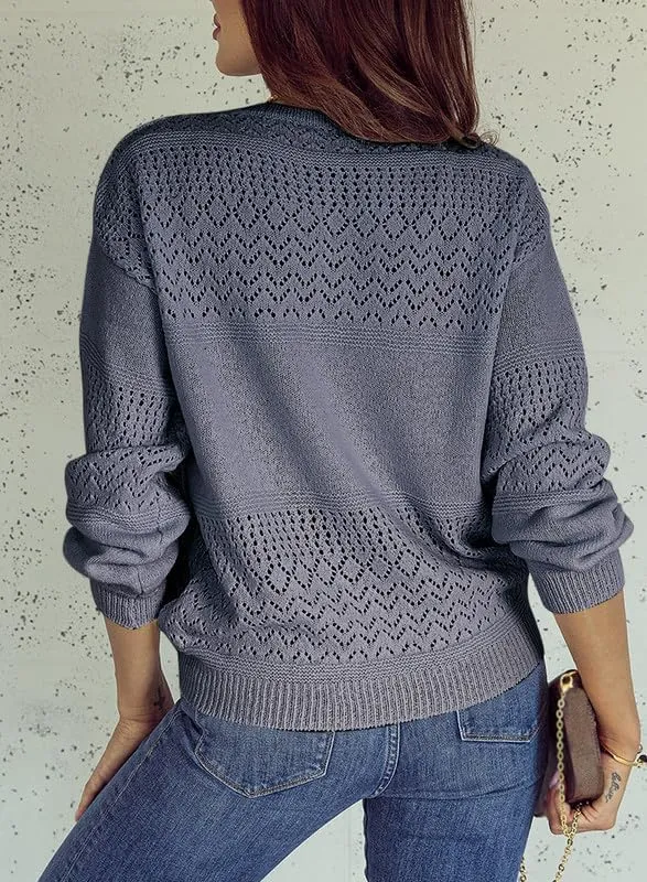 Womens Sweaters Casual Long Sleeve V Neck Lightweight Crochet Pullover Sweater Tops