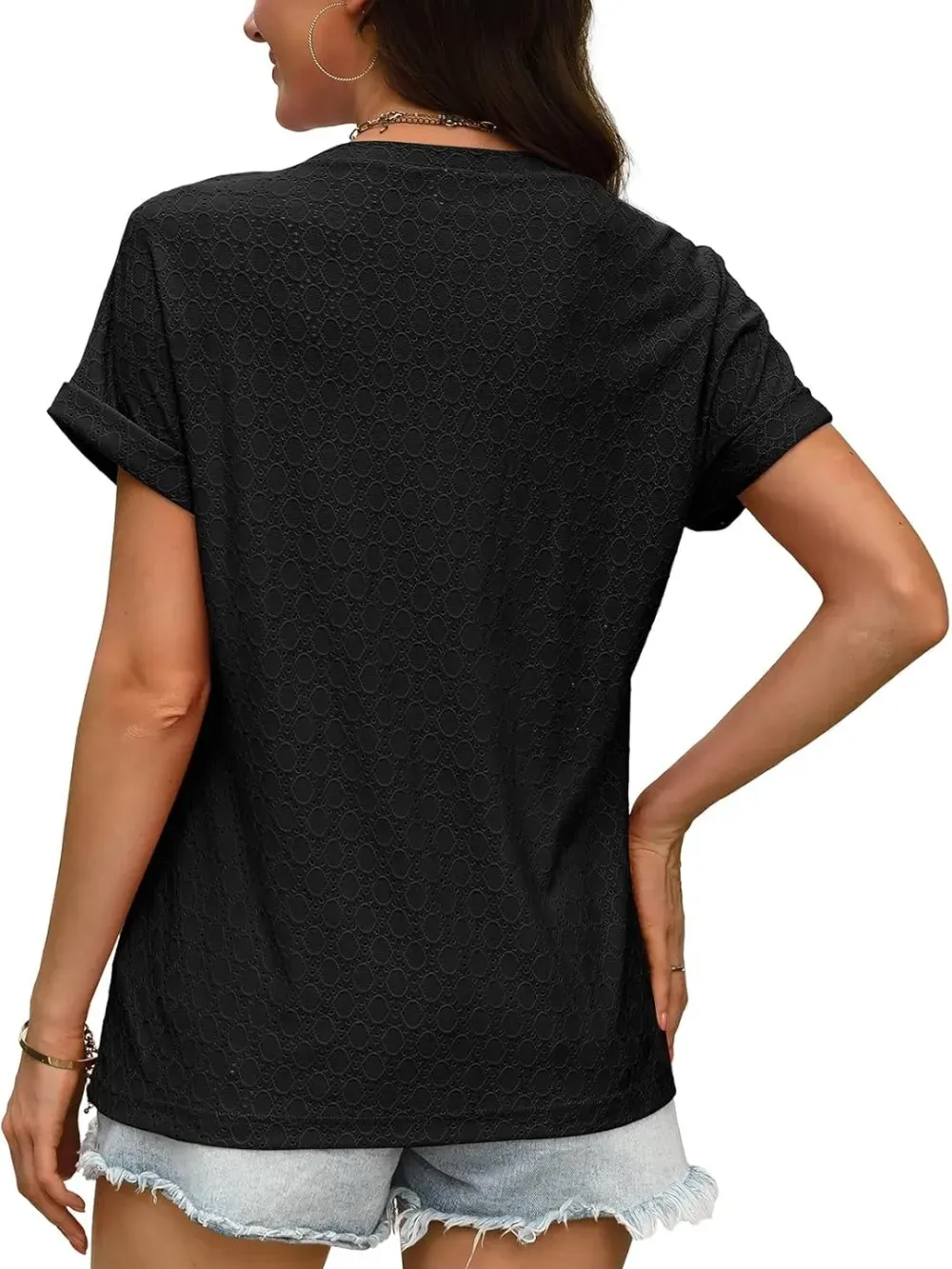 ✨Women's V Neck Eyelet Dressy Casual Basic Short Sleeve Tees