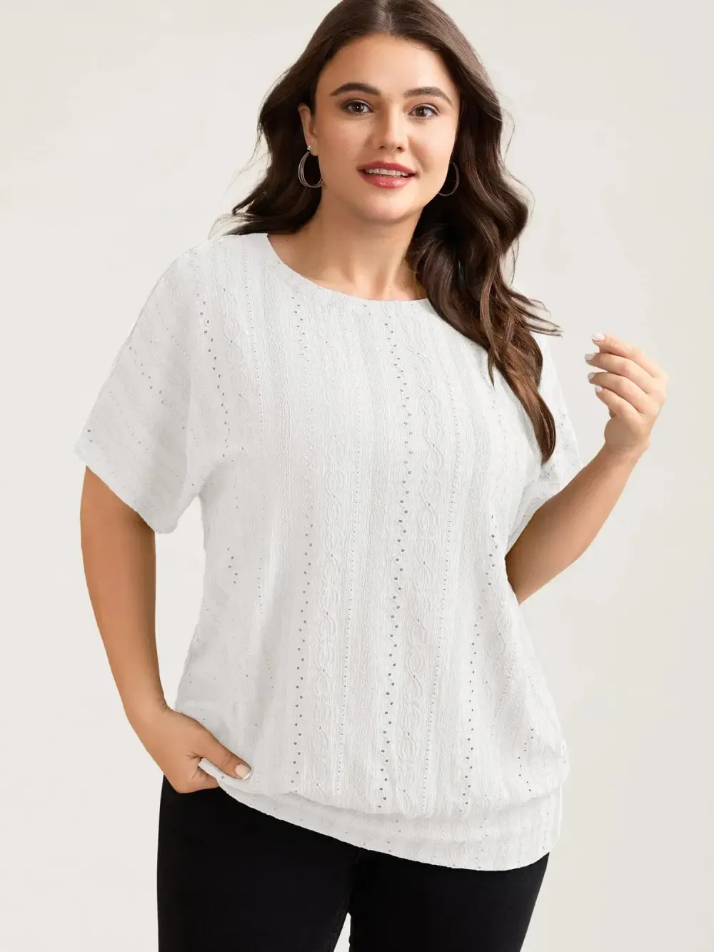 Eyelet Trim Stretchy Textured Plain Top