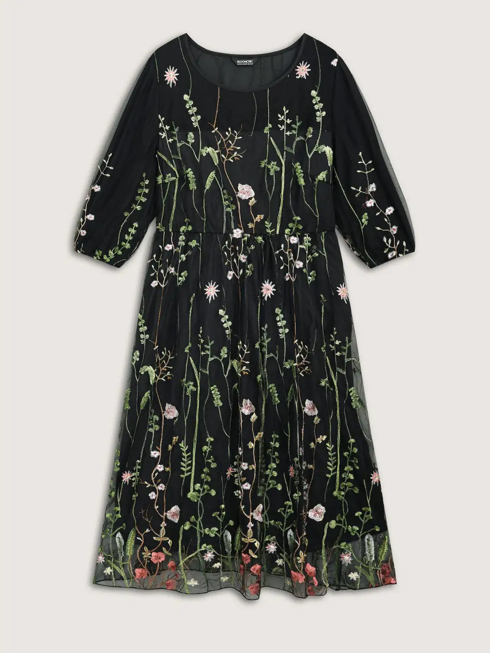 Floral Embroidered Elastic Waist Lined Midi Dress