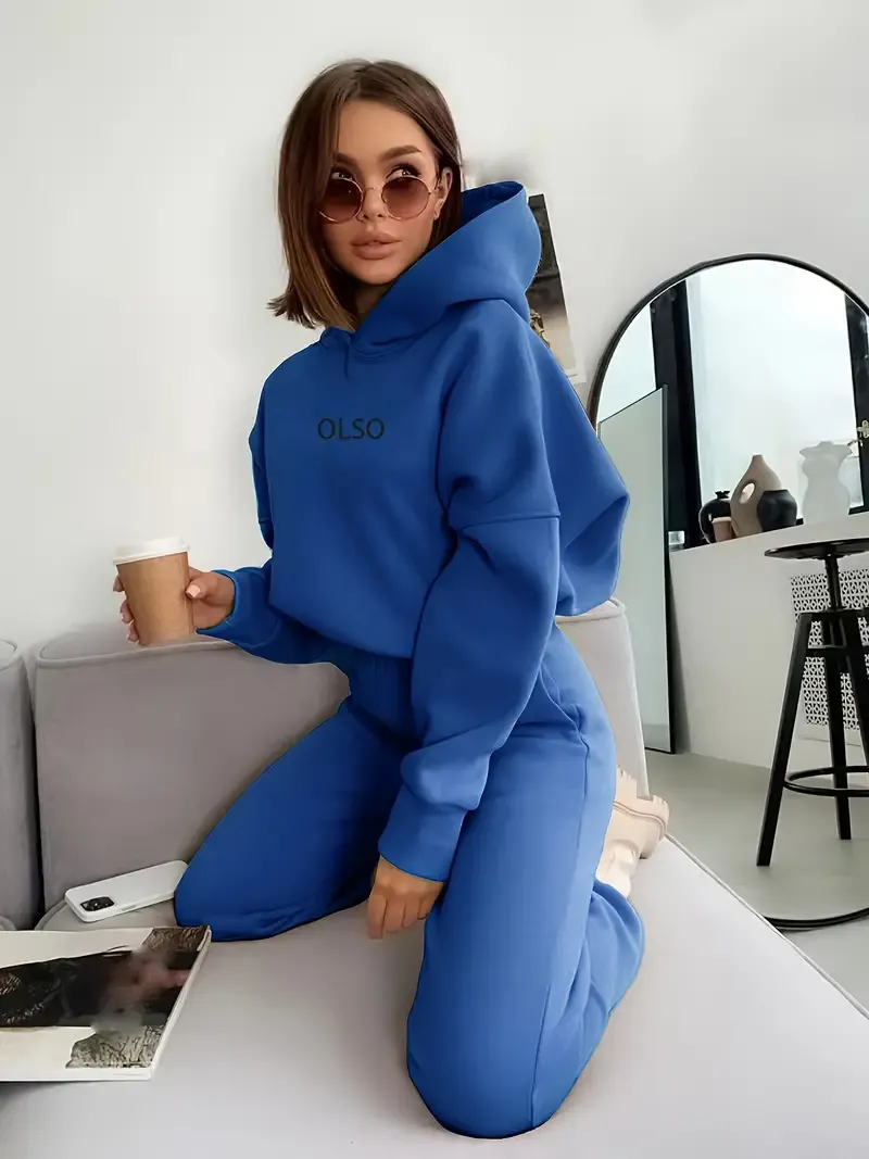 Casual Two-piece Set, Letter Print Long Sleeve Hooded Sweatshirt & Elastic Waist Sweatpants Outfits, Women's Clothing