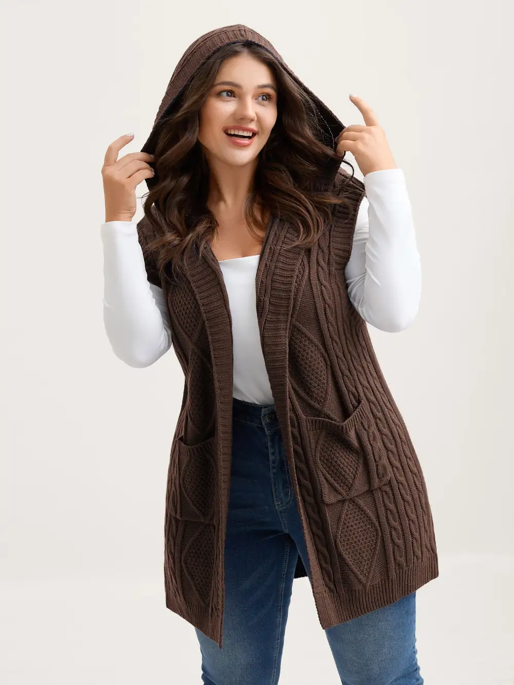 Twisted Hooded Sleeveless Knit Cardigan