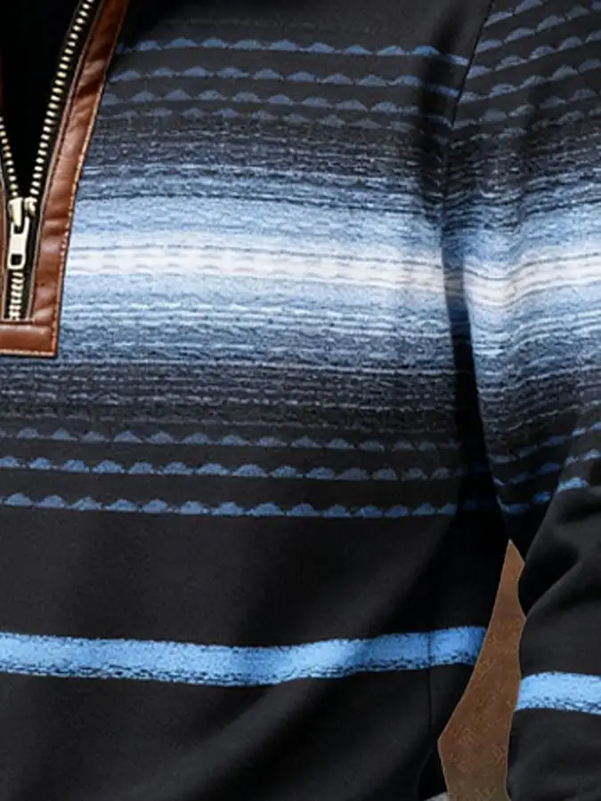 Men's Retro Color Block Print Casual Fur Collar Sweatshirt