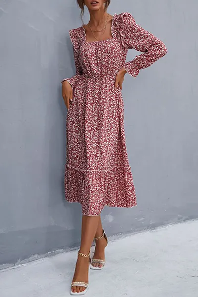 Elegant Floral Split Joint Flounce Square Collar A Line Dresses