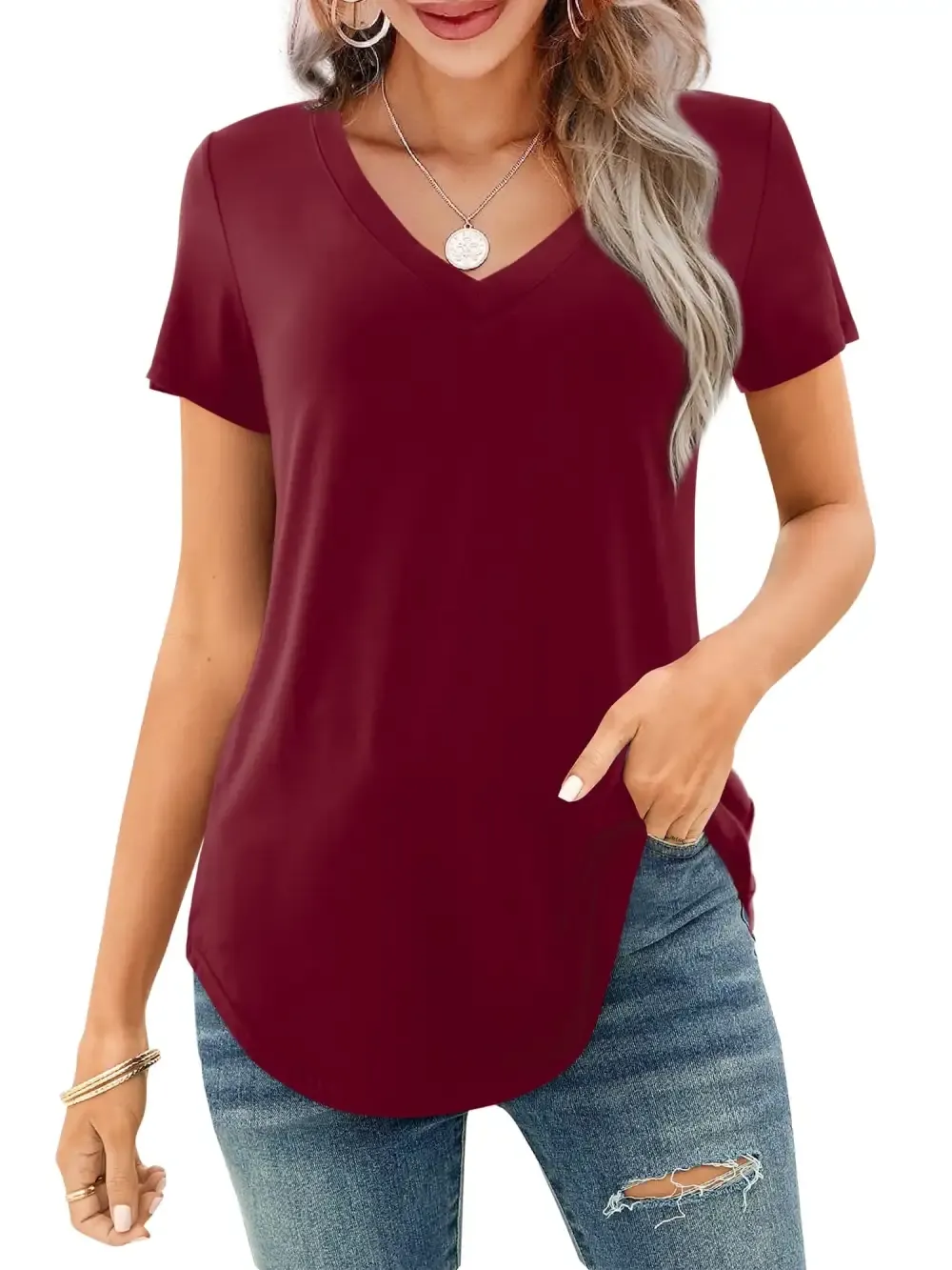 ✨Women's V-neck Short Sleeve Curved Hem Tee Top