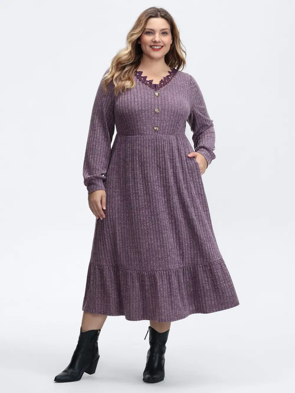 Stretchy Textured Lace Trim Midi Dress