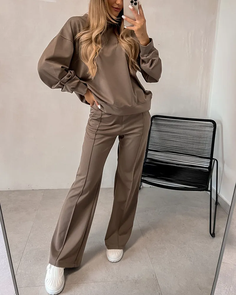 Chic Cuff Solid Color Casual Two-Piece Set