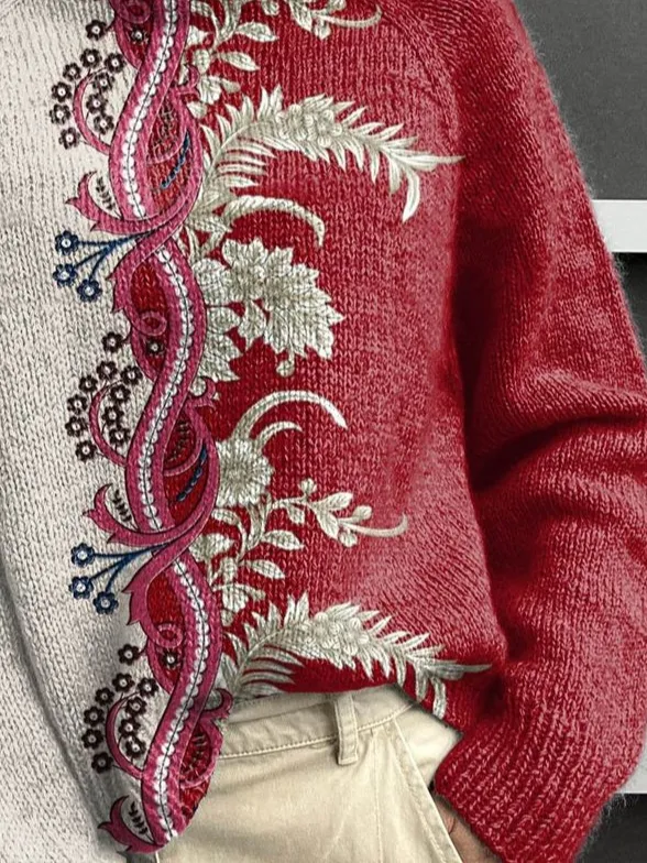 Women's Floral Print Casual Turtleneck Long Sleeve Sweater