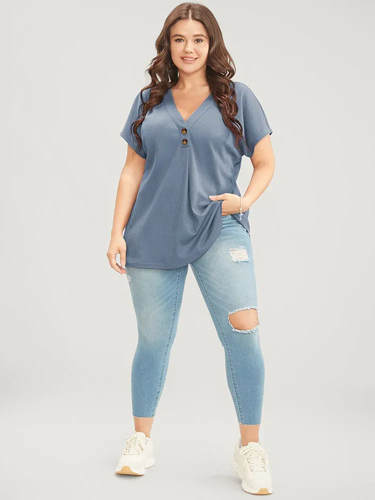 Solid Dolman Sleeve Button Detail Waffle Knit T-shirt