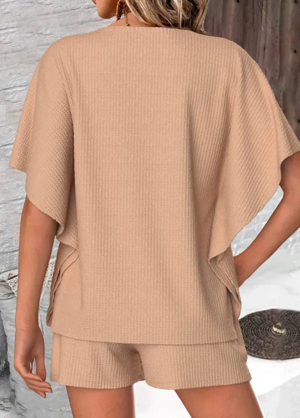 Round Neck Short Sleeve Light Coffee Top and Shorts