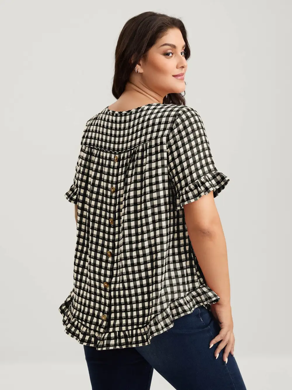 Gingham Print Button Back Blouse