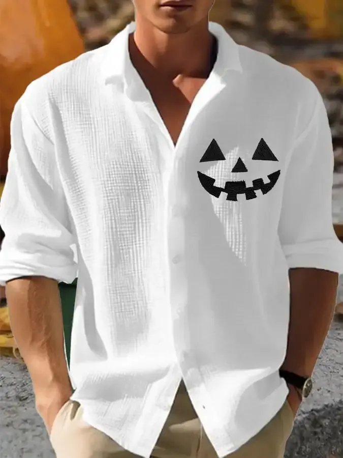 Men's Casual Pumpkin Print Lapel Shirt