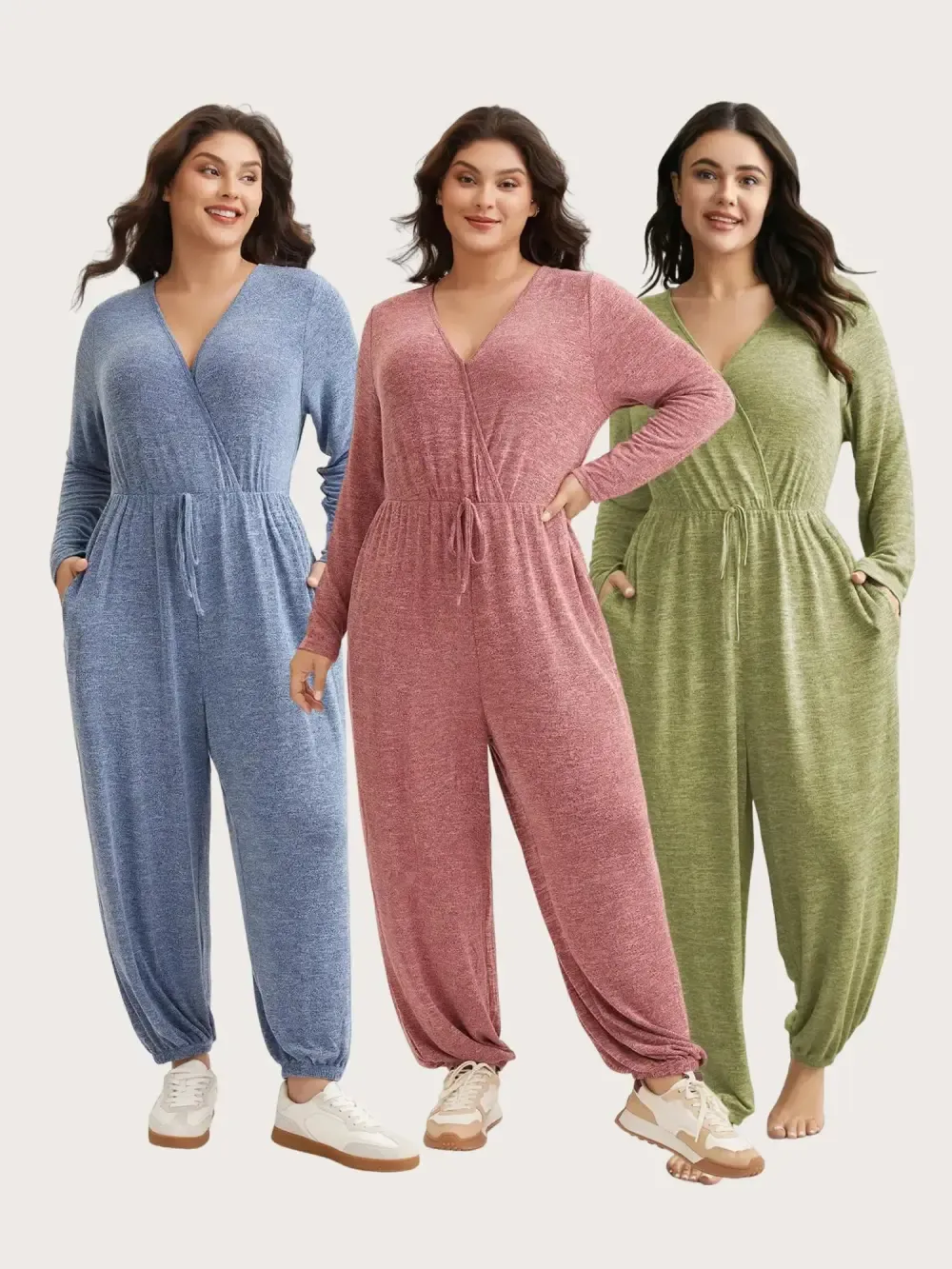 3 Pack Elastic Waist Overlap Collar Lounge Jumpsuit