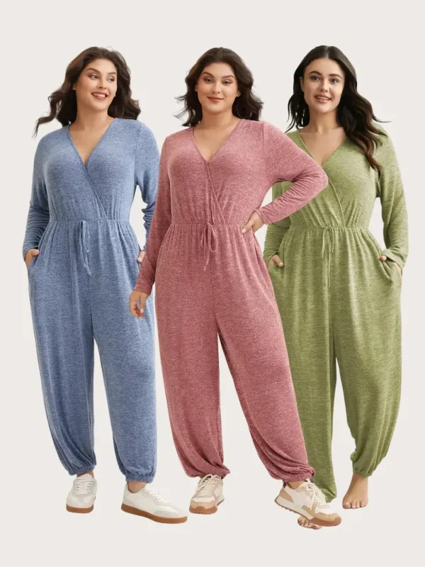 3 Pack Elastic Waist Overlap Collar Lounge Jumpsuit