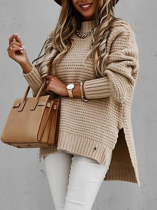 Women's Sweaters Half Turtleneck Solid Split Sweater