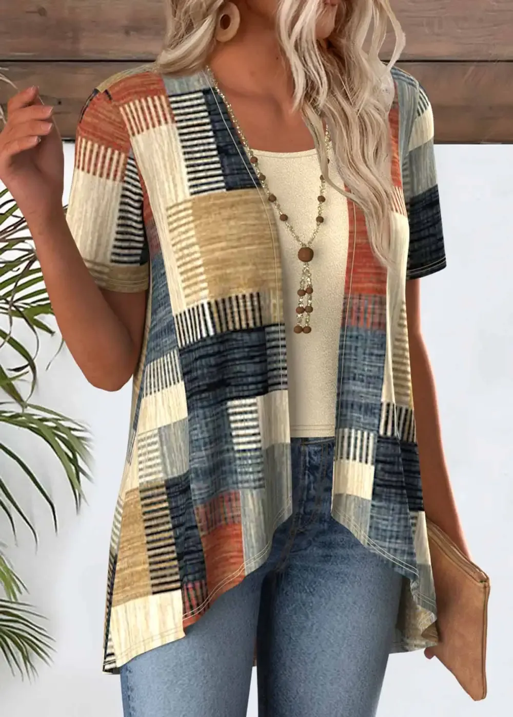 Multi Color Geometric Print Fake Two Piece Twinset