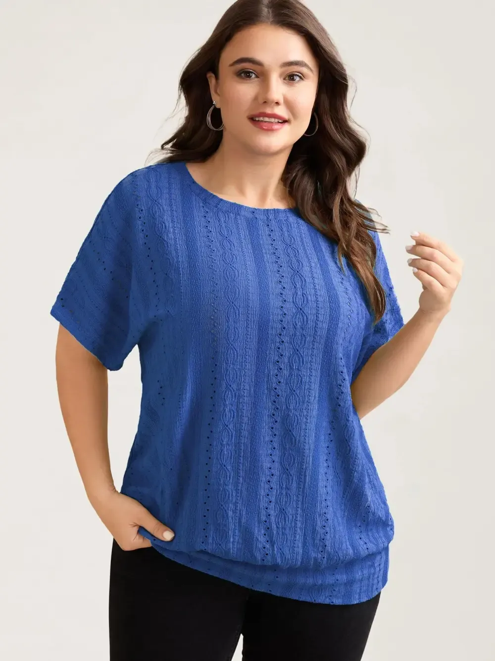 Eyelet Trim Stretchy Textured Plain Top