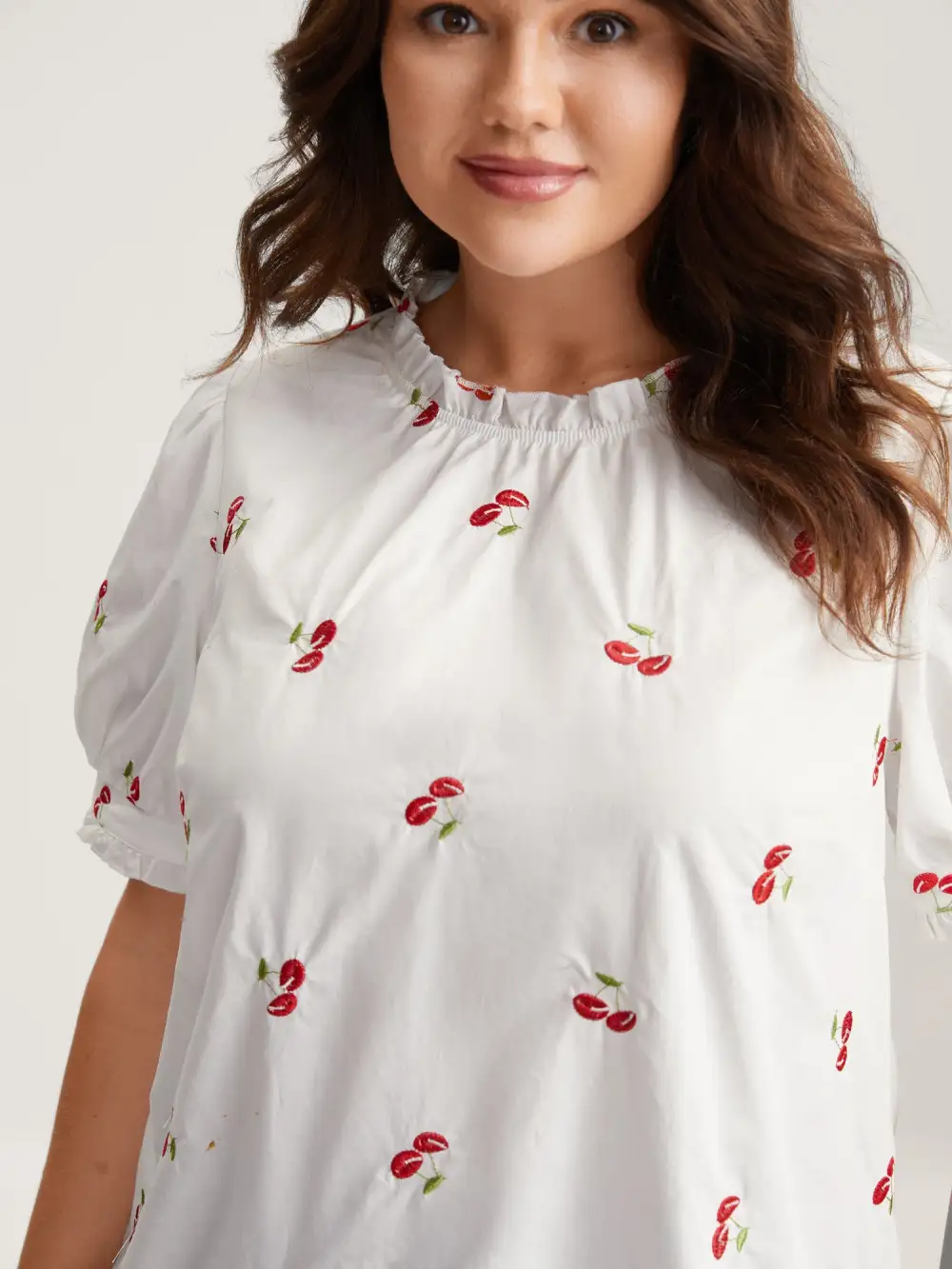 Cotton Cherry Embroidery Ruffled Neck Blouse