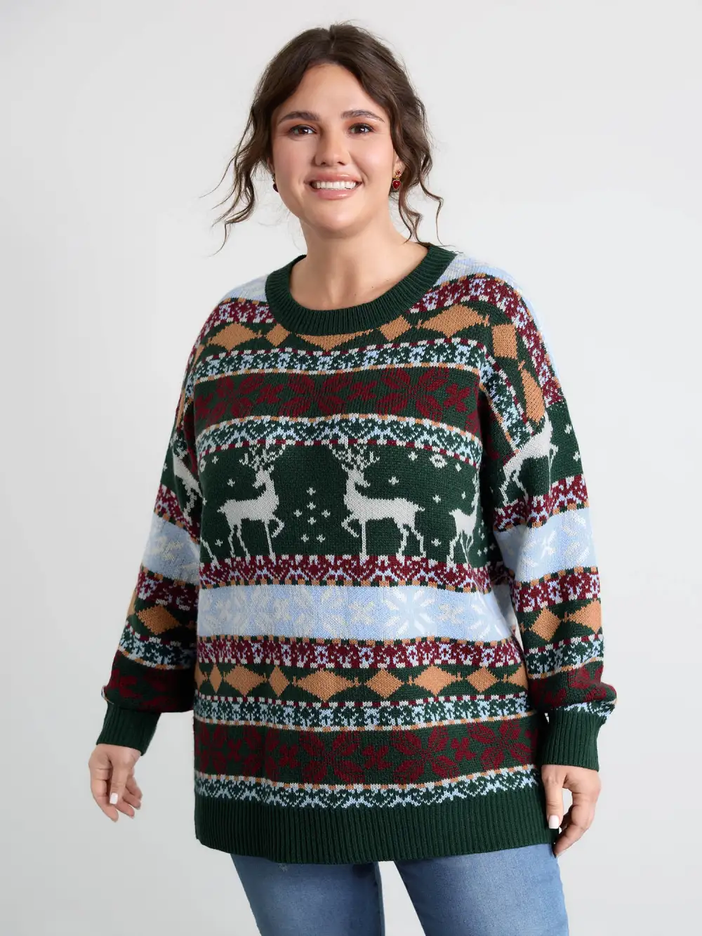 Elk Christmas Print Jacquard Ribbed Hem Pullover