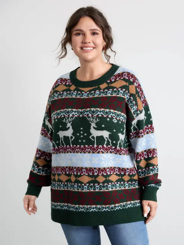 Elk Christmas Print Jacquard Ribbed Hem Pullover
