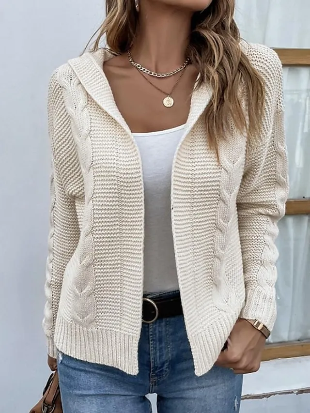 Women's Cardigan V Neck Cable Knit Knitted Fall Winter Work Daily Fashion Casual Soft Long Sleeve Solid Color White