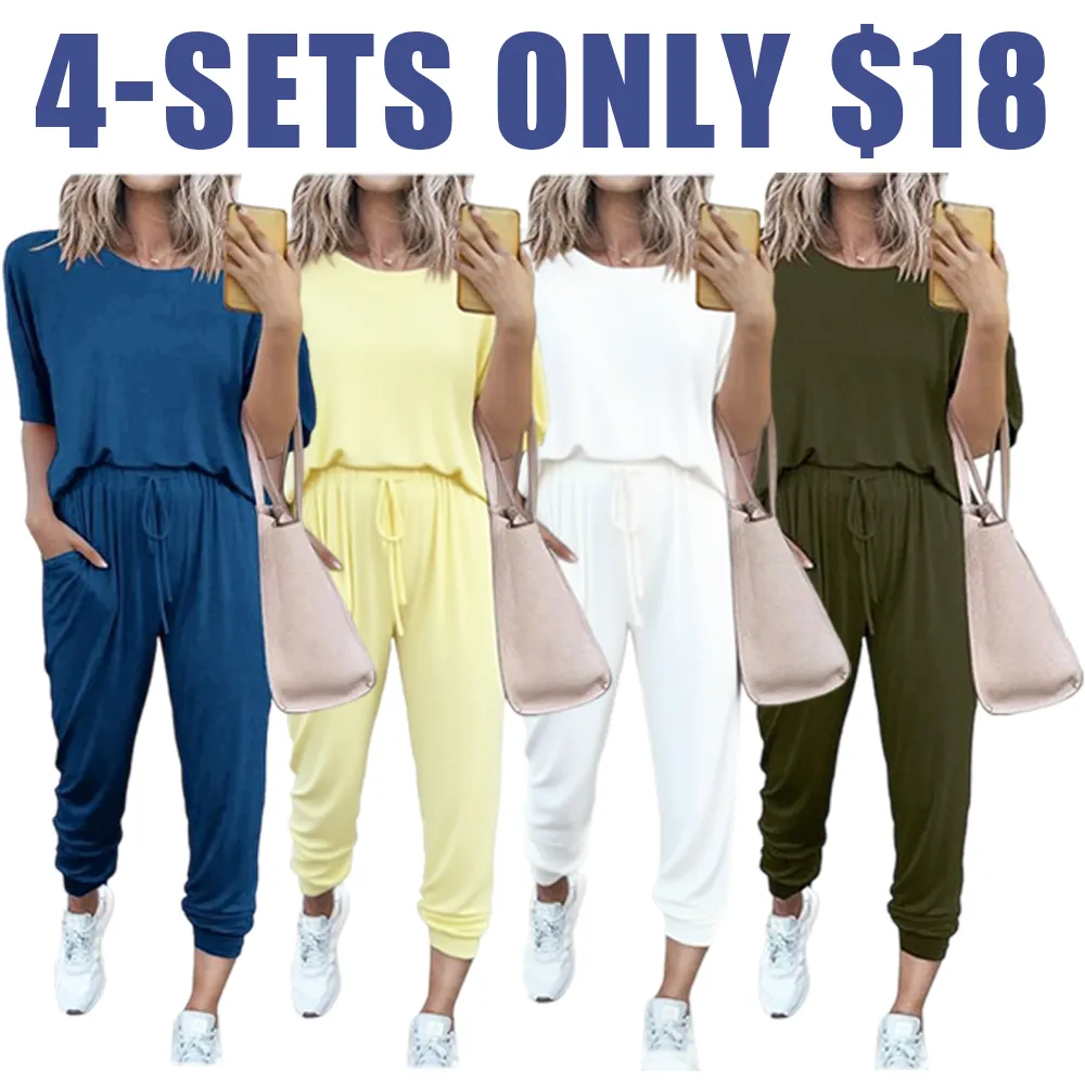 Women’s 2-Piece Summer Lounge Set, Short Sleeve Crew Neck Top & Drawstring Joggers with Pockets, Comfy Tracksuit