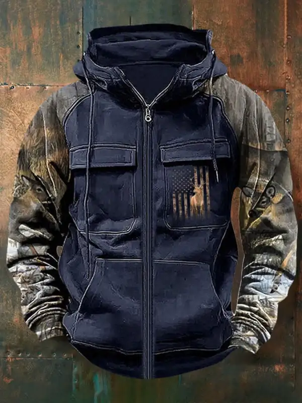 Men's Vintage Western Deer Print Multi-Pocket Jacket