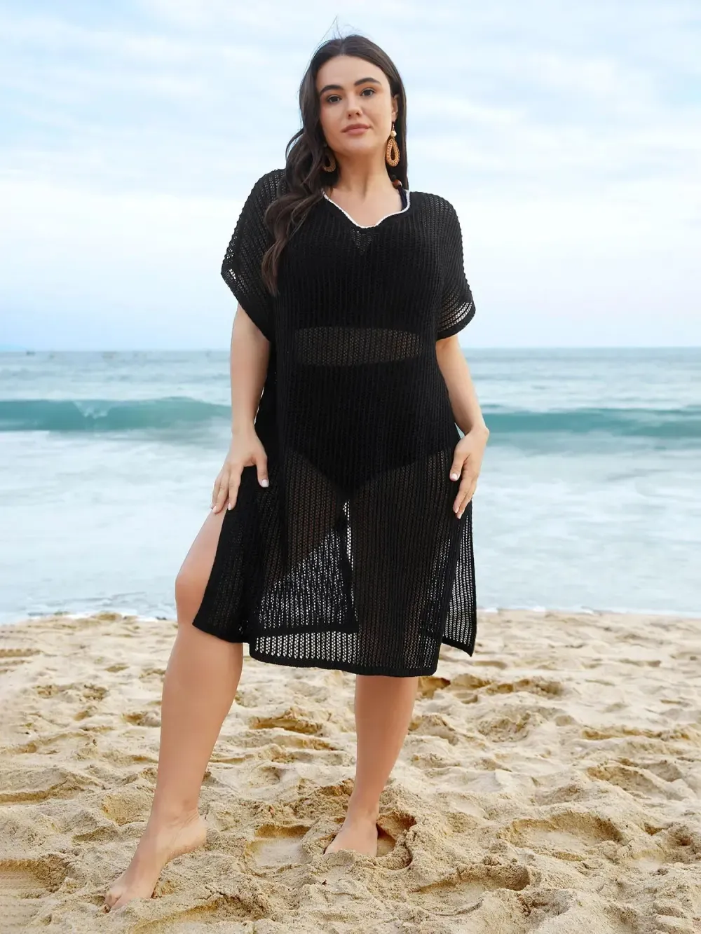 Scalloped Neck Textured Bow Swim Cover Up