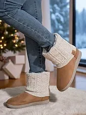 Women's Brown Faux Suede Winter Ankle Boots – Knit Cuff Button Detail, Plush Lining, Cozy Indoor & Outdoor Casual Footwear
