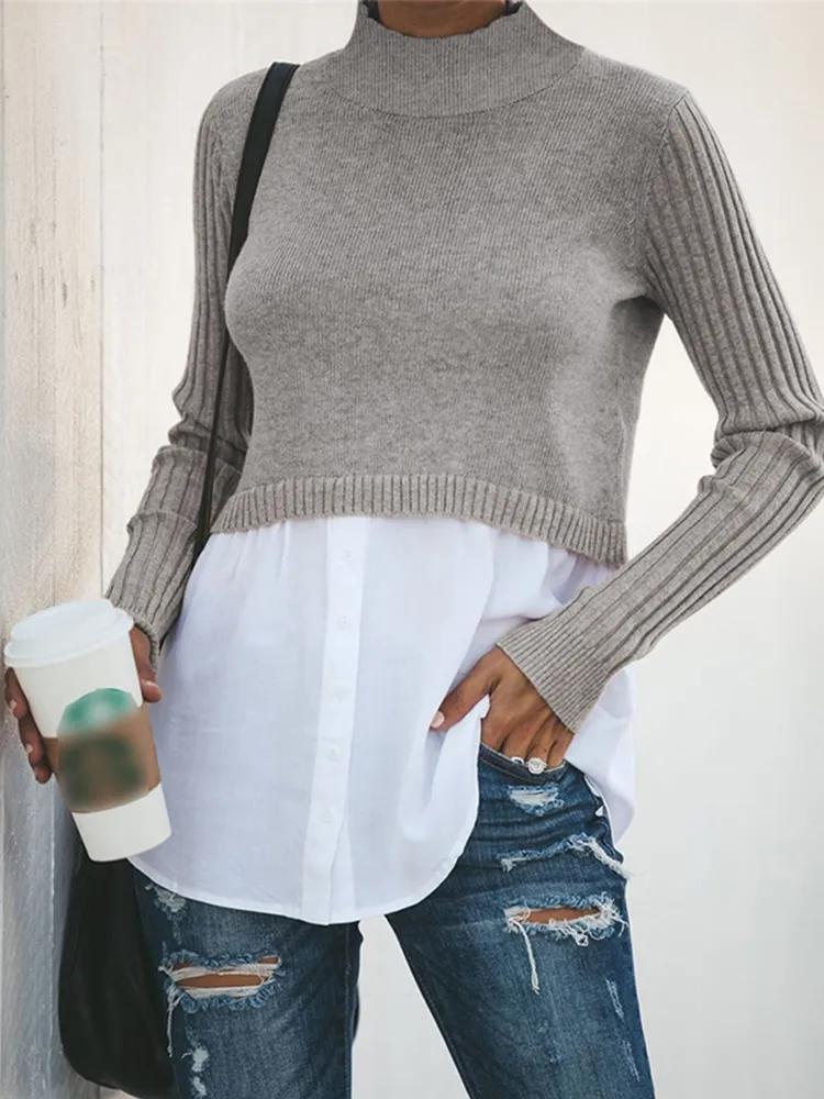 Commuting Solid Color Fake Two Pieces Pullover Jumper