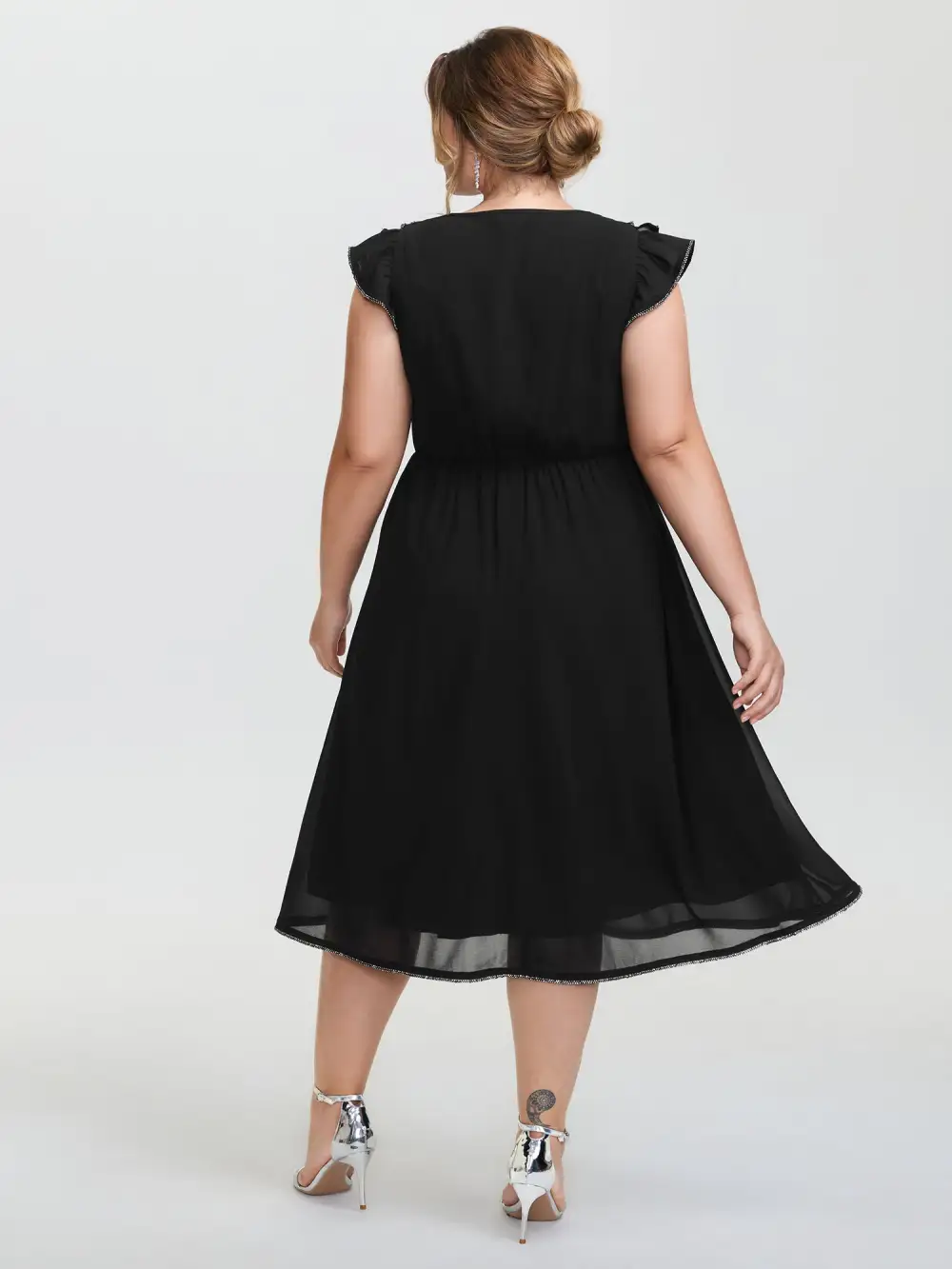 Sheer Rhinestone Chain Trim Ruffled Midi Dress