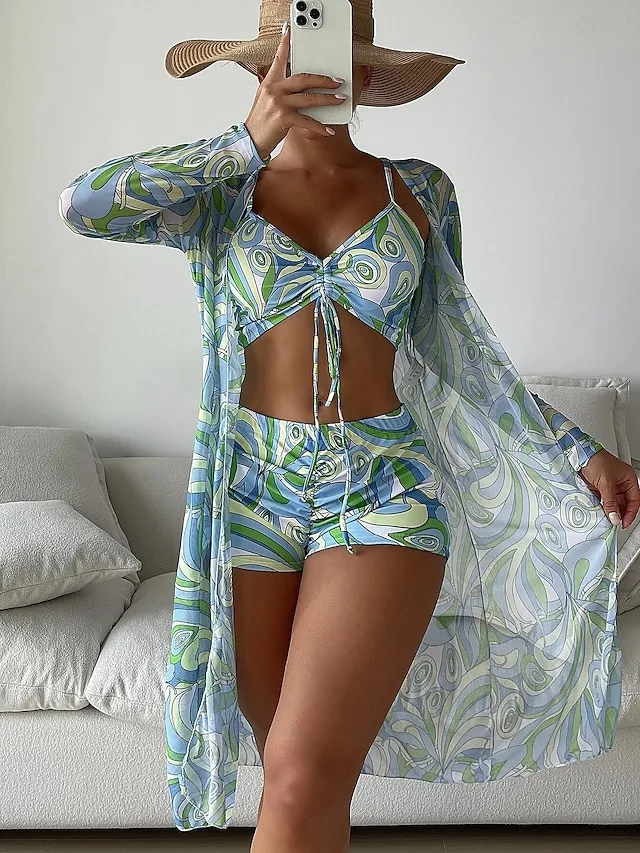 Women's Swimwear Bikini Normal Swimsuit 3-Piece Printing Graphic Black Yellow Blue Purple Orange Bathing Suits Sports Beach Wear Push Up